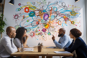  A group of enthusiastic team members engaged in a high-energy brainstorming session around a whiteboard, generating creative solutions. - obrazy, fototapety, plakaty