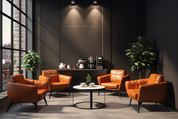 A cozy coffee corner in a startup office, equipped with a high-quality coffee machine and comfy seating for casual meetings and breaks.