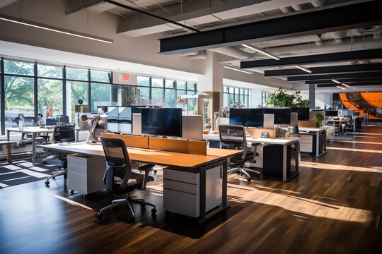 An open floor plan in a startup office featuring sit-stand desks, ergonomic chairs, and lots of natural light coming through large windows