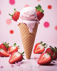 strawberry ice cream in pink cones on a pink background