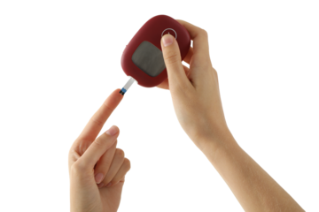 PNG, Medical equipment for diabetics in hands, isolated on white background