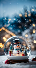 Cute snowman in a snow globe, christmas winter table with snow,  bokeh lights, holidays vertical photo.