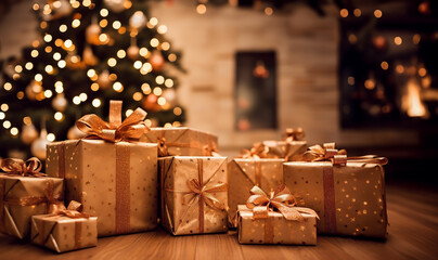 Traditional christmas pine tree with holiday decorations on background and stack of presents on foreground. Bokeh lights glowing in the evening. Close up, copy space, background, interior.