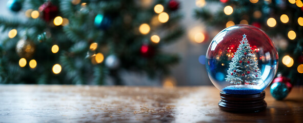 Christmas tree in a snow globe, christmas tree and winter table banner with copy space,  website header, holidays season.