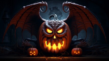 A pumpkin carved with a menacing gargoyle, its wings spread wide and eyes glowing in the darkness. 