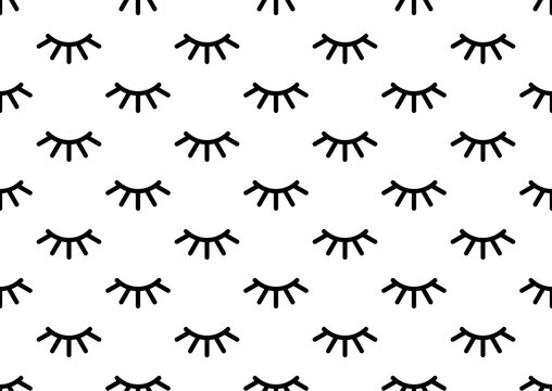 Closed eye with eyelashes cute vector seamless pattern for cartoon character illustration. Sleep girl or unicorn long eyelash line simple black endless texture.