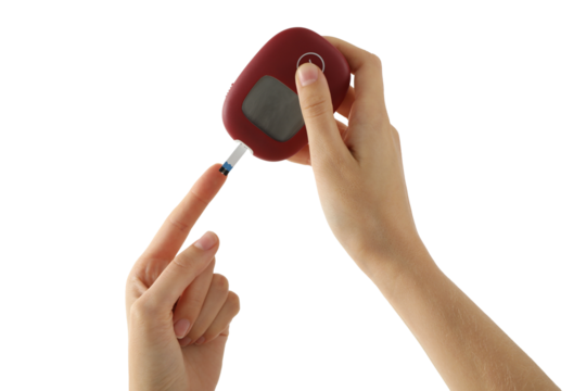 PNG, Medical equipment for diabetics in hands, isolated on white background - Powered by Adobe