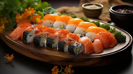 Fototapete Rund Colorful fresh sushi, traditional Japanese food, assorted hand rolls and sashimi, sumptuous sushi sets, vibrant ingredients and decor, upscale Japanese restaurant atmosphere Generative AI © landstar