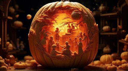 A pumpkin carved with a scene from a haunted theater, featuring ghostly actors performing on an ethereal stage. 