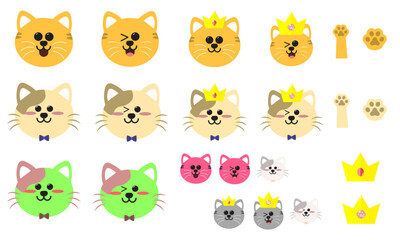 Set of Cute Cartoon Cat Sticker. Illustrated Collection of cat stickers. Orange cats with crown, winking kittens, cute animal stickers for print, isolated on transparent background. Vector.