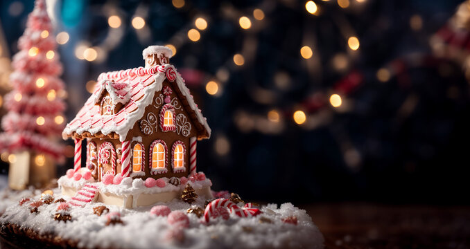 Gingerbread house with christmas tree and bokeh lights. Winter website header, banner with copy space for bakeries, shops. Winter concept displayed in a charming way. Child-friendly design.