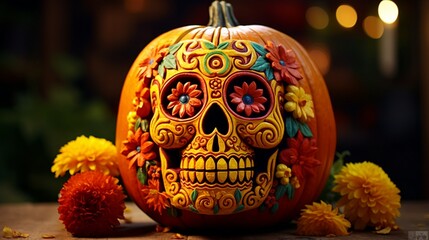 A pumpkin carved with a scene from the Day of the Dead, featuring colorful sugar skulls and marigold flowers. 