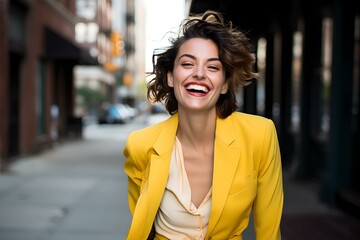 Selbstsichere Karrierefrau im gelben Blazer lächelt selbstbewusst