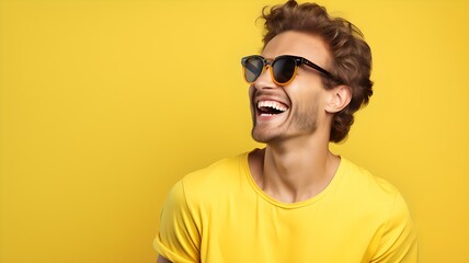 Fototapeta premium Lächelnder Mann mit sonnigem Gemüt vor gelbem Hintergrund