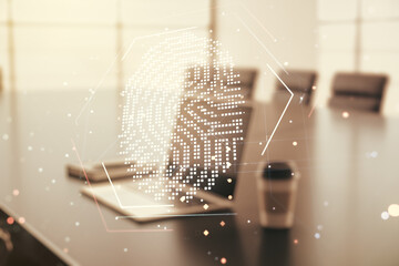 Multi exposure of abstract graphic fingerprint sketch on modern computer background, fingerprint scan data concept