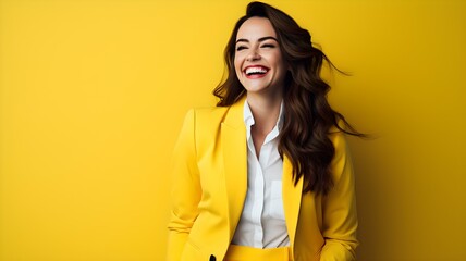 Lächelnde Geschäftsfrau im gelben Blazer: Selbstbewusst und erfolgreich - obrazy, fototapety, plakaty