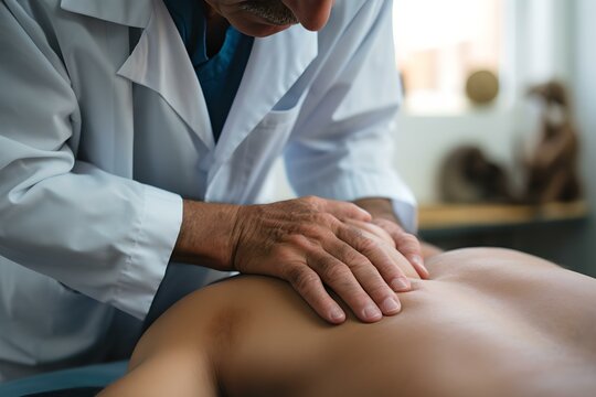 Arzt tastet den R&uuml;cken des Patienten ab