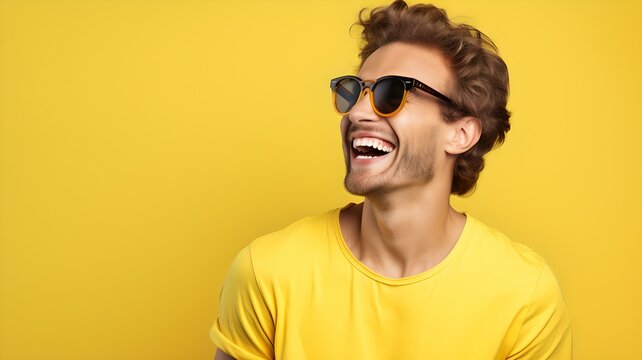 Lächelnder Mann mit sonnigem Gemüt vor gelbem Hintergrund