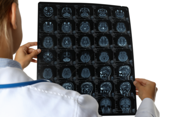 PNG, MRI images of a human head in the hands of a doctor, isolated on white background