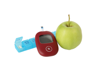 PNG, Medical equipment for diabetics, pills and apple, isolated on white background