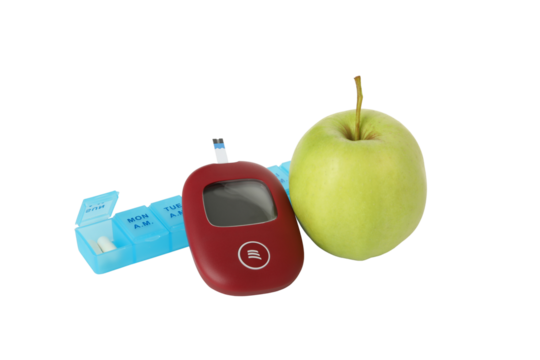 PNG, Medical equipment for diabetics, pills and apple, isolated on white background