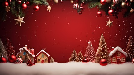 Christmas background with vibrant, festive red elements and decorations such as snowflakes, baubles, stars, and candy canes, creating a cheerful holiday atmosphere. Snow and gingerbread house.