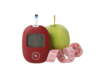 PNG, Medical equipment for diabetics, measuring tape and apple, isolated on white background
