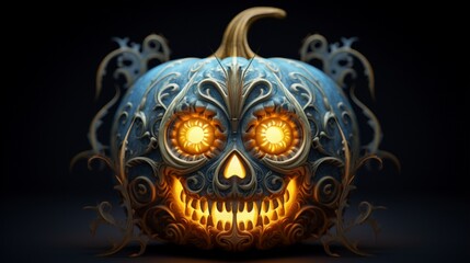 A pumpkin carved with a spectral masquerade mask, its intricate patterns glowing softly in the night. 