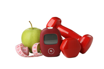 PNG, Medical equipment for diabetics, dumbbells and apple, isolated on white background