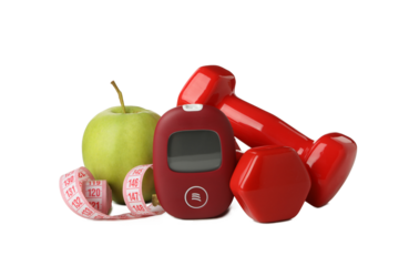 PNG, Medical equipment for diabetics, dumbbells and apple, isolated on white background