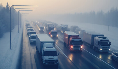 Many trucks and cars stuck on highway road in winter in traffic jam - obrazy, fototapety, plakaty