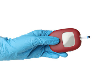 PNG, Medical equipment for diabetics and hand in medical glove, isolated on white background