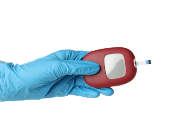 PNG, Medical equipment for diabetics and hand in medical glove, isolated on white background