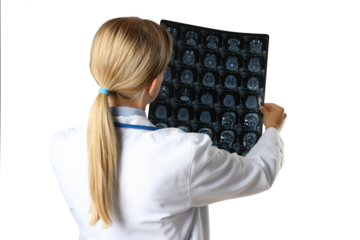 PNG, MRI images of a human head in the hands of a doctor, isolated on white background