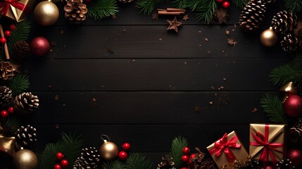 Christmas background with dark, moody and festive Christmas season elements. Elegant winter ornaments, pine cones, and snowflakes, creating a magical holiday atmosphere. Gifts and pine needles.