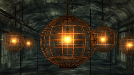 Caged Light: Luminescent orbs entrapped in dark cages, indicating suppressed brilliance and ideas