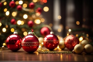 christmas decorations on red and gold, Radiant Red and Gold Christmas Ornaments Adorn a Sparkling Tree in a Merry Christmas Scene | AI-GENERATED