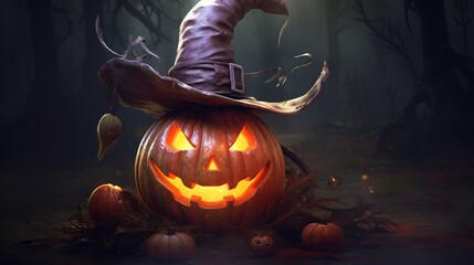 Naklejka premium A pumpkin transformed into a sinister magician's hat, with a ghostly rabbit peeking out from within. 