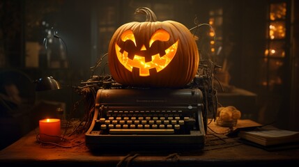 A pumpkin transformed into a spectral typewriter, its keys clicking on their own to write eerie messages. 