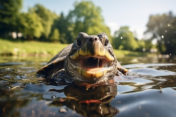 Get ready to smile as you observe a turtle's curiosity in the sunlit pond. This comical wildlife moment captures the essence of a sunny day and the playful spirit of a reptilian creature