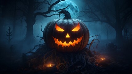 A spooky jack-o'-lantern with glowing eyes and a sinister grin, surrounded by misty fog. 