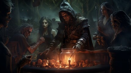 humans dressed as vampires gathered around a cauldron, brewing up a potion. . 