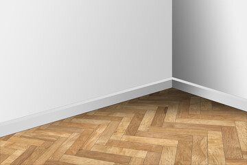 Closeup of a corner of a room with herringbone wooden parquet and white walls, 3d illustration, full frame.