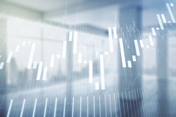 Abstract virtual financial graph hologram on modern interior background, financial and trading concept. Multiexposure