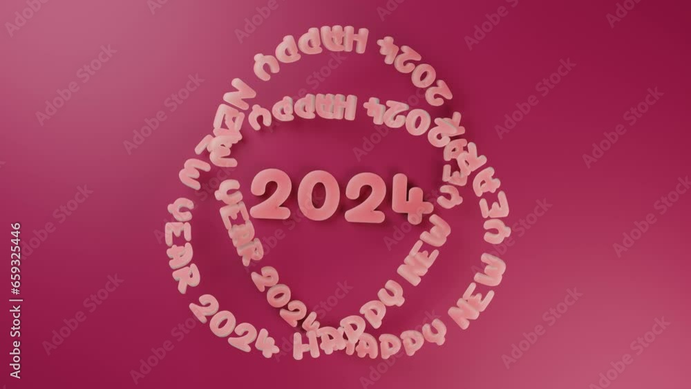 Poster loop 3d animation of the date of the new year 2024 and the text that moves along a closed trajectory