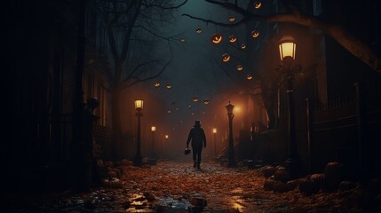 walking down a dark street at night, carrying a pumpkin lantern. 