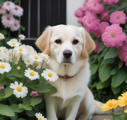 golden retriever dog with flowers