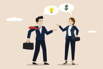 Venture capital, pitching a project for funding, selling an idea for money or VC investment, a young entrepreneur pitching an idea to raise venture capital funds.