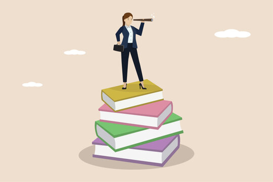 Knowledge books to help career advancement, knowledge for business visionaries, leadership or opportunity concept, businesswoman leader on tall stack of books looking through telescope.