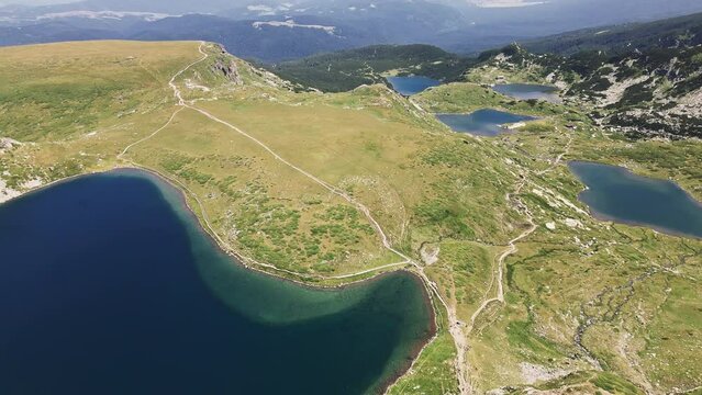 Aerial summertime drone shot of the seven Rila lakes, in the Rila mountain, Bulgaria.